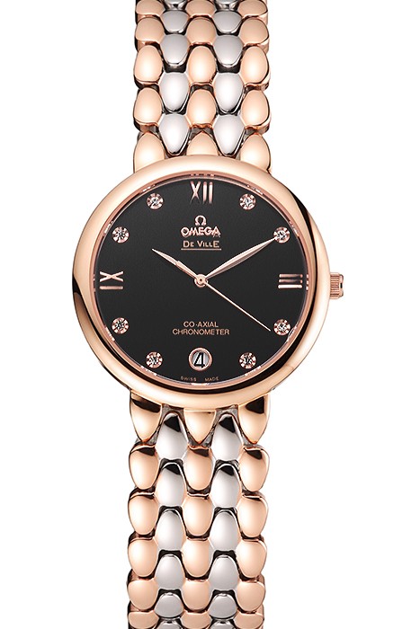 Omega De Ville Prestige Dark Grey Dial With Diamonds Rose Gold Case Two Tone Bracelet