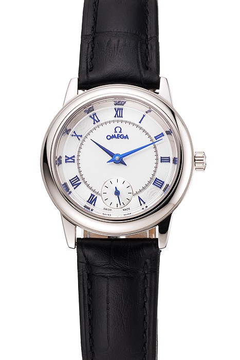 Omega De Ville Prestige Small Seconds White Dial Blue Numerals Stainless Steel Case Black Leather Strap