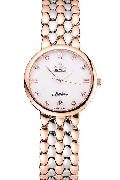 Omega De Ville Prestige White Dial With Diamonds Rose Gold Case Two Tone Bracelet