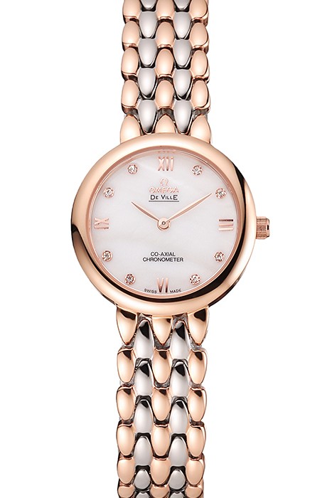 Omega De Ville Prestige No Date White Dial With Diamonds Rose Gold Case Two Tone Bracelet