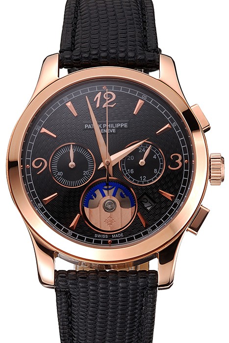 Patek Philippe Chronograph Black Guilloche Dial Rose Gold Case Black Leather Strap