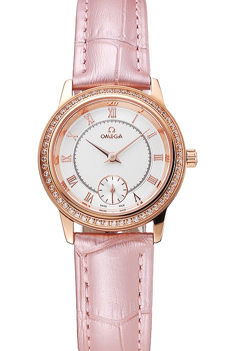 Omega De Ville Prestige Small Seconds White Dial Diamond Bezel Rose Gold Case Pink Leather Strap