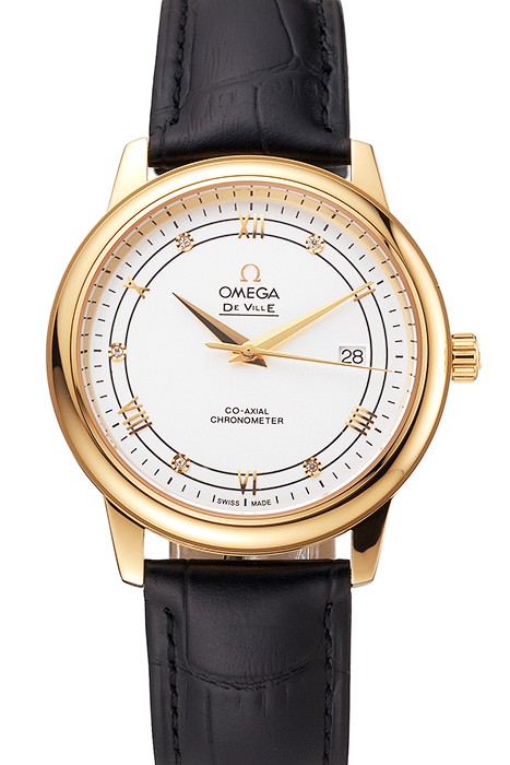 Omega De Ville Prestige White Dial Gold Case Black Leather Strap