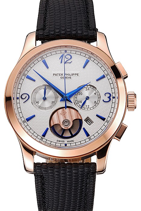 Patek Philippe Chronograph White Guilloche Dial Rose Gold Case Black Leather Strap