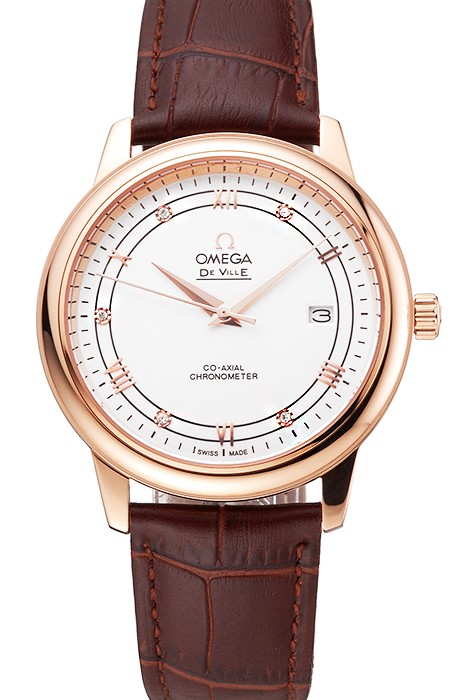 Omega De Ville Prestige White Dial Rose Gold Case Brown Leather Strap
