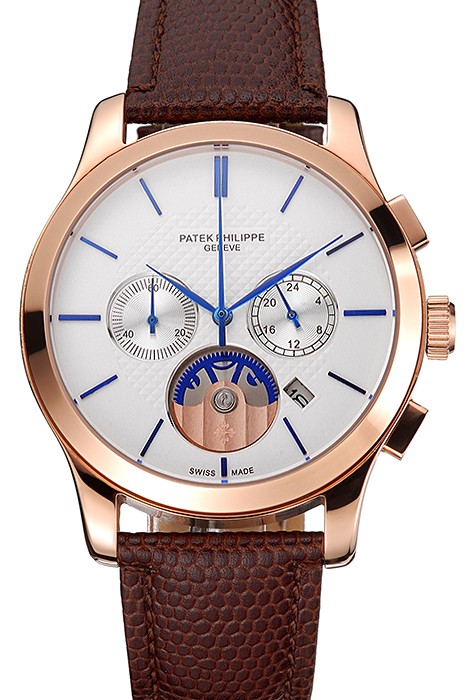 Patek Philippe Chronograph White Dial Rose Gold Case Brown Leather Strap