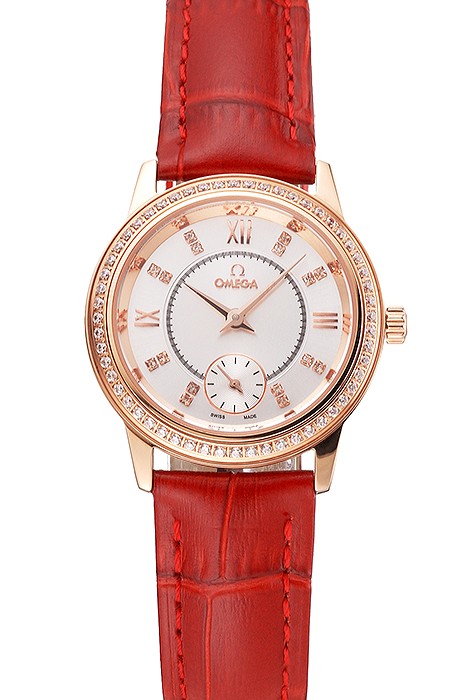 Omega De Ville Prestige Small Seconds White Dial Diamond Bezel Rose Gold Case Red Leather Strap