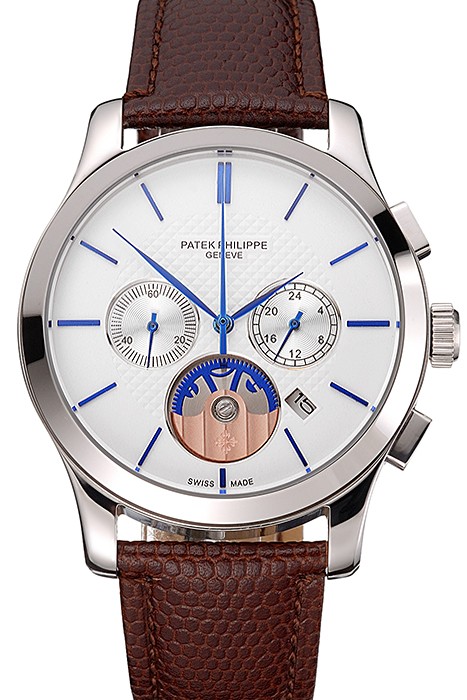 Patek Philippe Chronograph White Dial Blue Hands Stainless Steel Case Brown Leather Strap