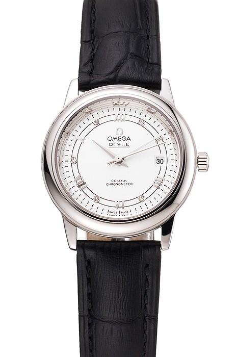 Omega De Ville Prestige Ladies White Dial Stainless Steel Case Black Leather Strap