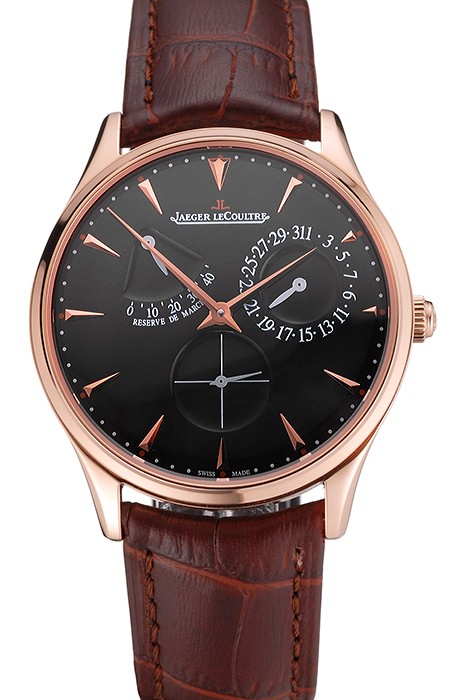 Swiss Jaeger LeCoultre Master Ultra Thin Reserve De Marche Black Dial Rose Gold Case Brown Leather Strap