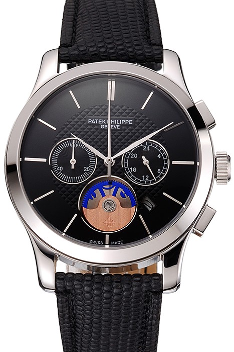 Patek Philippe Chronograph Black Dial Stainless Steel Case Black Leather Strap