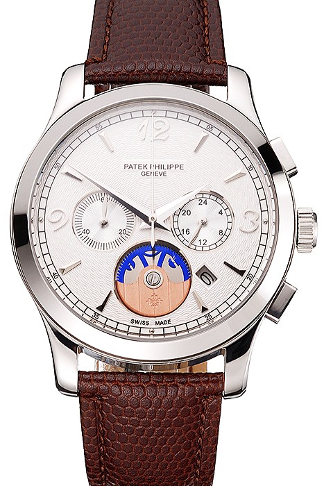 Patek Philippe Chronograph White Guilloche Dial Stainless Steel Case Brown Leather Strap
