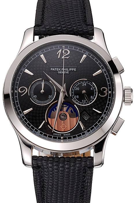 Patek Philippe Chronograph Black Guilloche Dial Stainless Steel Case Black Leather Strap