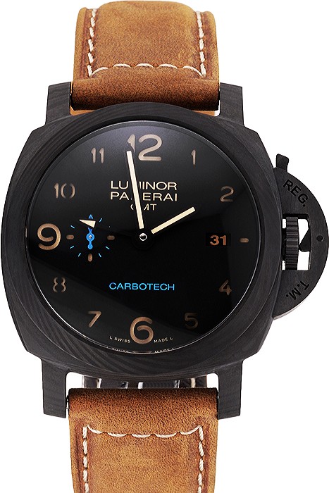 Swiss Panerai Luminor GMT Carbotech Black Dial Black Case Brown Leather Strap