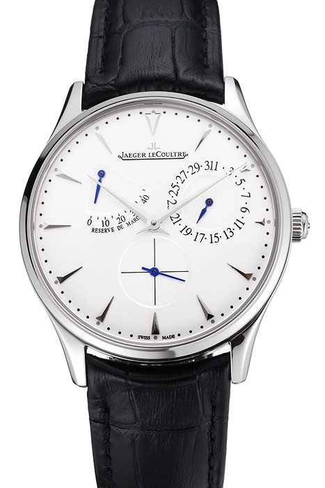 Swiss Jaeger LeCoultre Master Ultra Thin Reserve De Marche White Dial Stainless Steel Case Black Leather Strap
