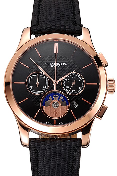 Patek Philippe Chronograph Black Dial Rose Gold Case Black Leather Strap