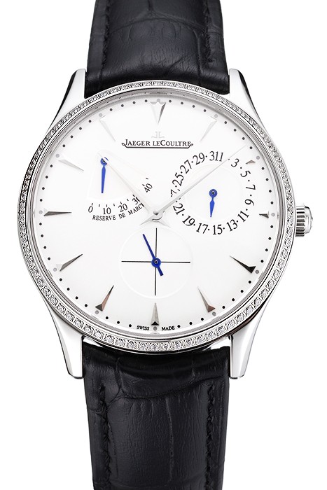Swiss Jaeger LeCoultre Master Ultra Thin Reserve De Marche White Dial Diamond Bezel Stainless Steel Case Black Leather Strap