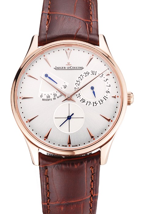Swiss Jaeger LeCoultre Master Ultra Thin Reserve De Marche Silver Dial Rose Gold Case Brown Leather Strap