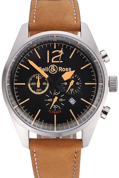 Bell and Ross BR126 Flyback Black Dial Silver Case Gold Numerals Brown Suede Leather Strap