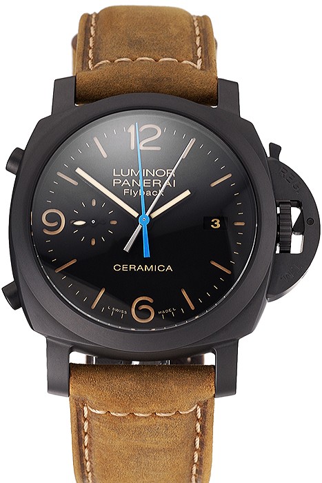 Swiss Panerai Luminor Ceramica Flyback Chronograph Black Dial Black Case Brown Leather Strap