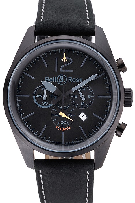 Bell and Ross BR126 Flyback Black Dial Black Case Black Suede Leather Strap