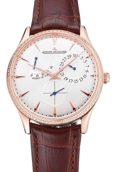 Swiss Jaeger LeCoultre Master Ultra Thin Reserve De Marche Silver Dial Diamond Bezel Rose Gold Case Brown Leather Strap