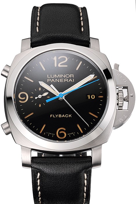 Swiss Panerai Luminor Flyback Chronograph Black Dial Stainless Steel Case Black Leather Strap