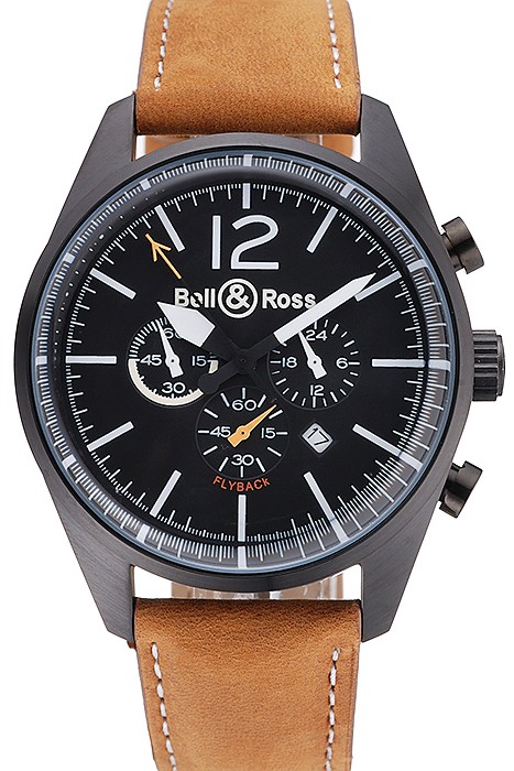 Bell and Ross BR126 Flyback Black Dial Black Case Brown Suede Leather Strap