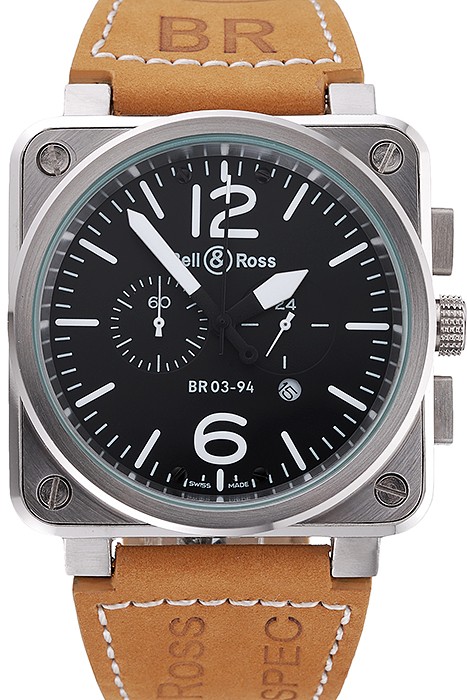 Bell and Ross BR 03-94 Black Dial Silver Case Brown Leather Strap