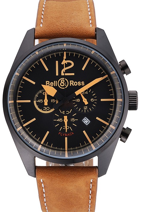 Bell and Ross BR126 Flyback Black Dial Black Case Gold Numerals Brown Suede Leather Strap