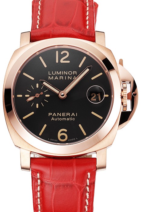 Swiss Panerai Luminor Marina Black Dial Rose Gold Case Red Leather Strap