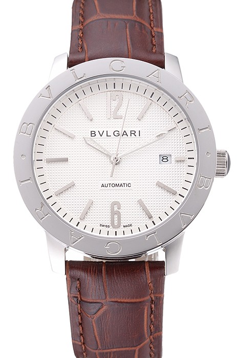 Bvlgari Novelties White Dial Silver Case Brown Leather Strap