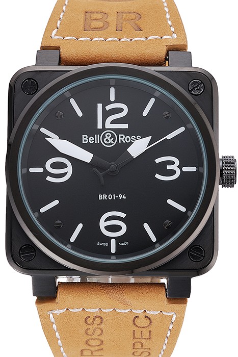 Bell and Ross BR 01-94 Black Dial Black Case Brown Leather Strap