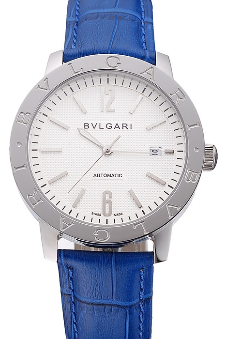 Bvlgari Novelties White Dial Silver Case Blue Leather Strap