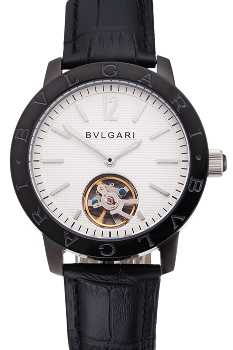 Bvlgari Tourbillon White Dial Black Case Black Leather Strap