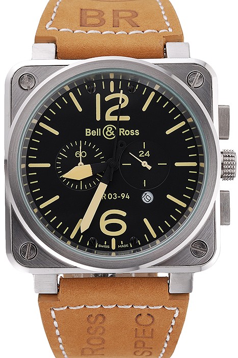 Bell and Ross BR 03-94 Black Dial Silver Case Brown Leather Strap