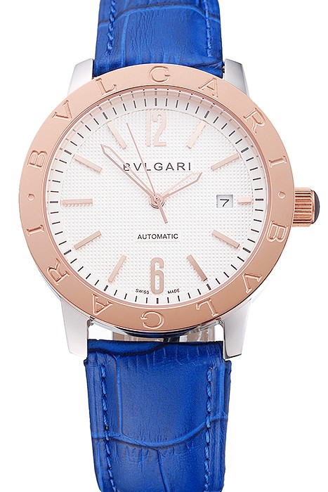 Bvlgari Novelties White Dial Gold Case Blue Leather Strap
