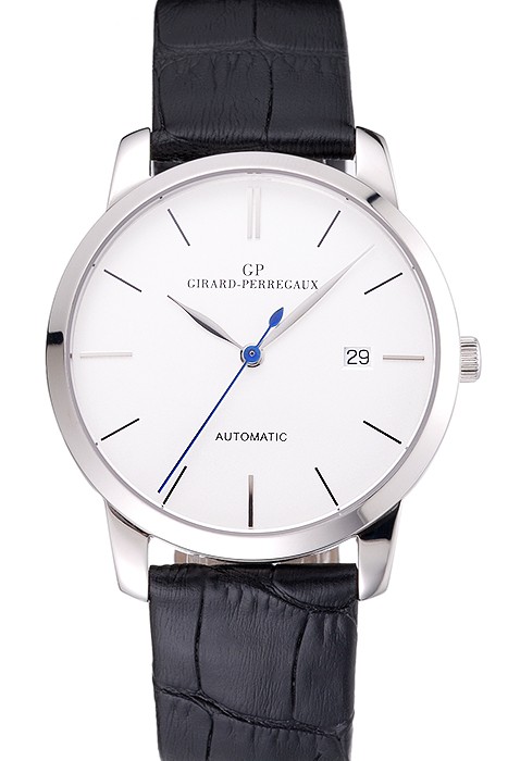 Swiss Girard-Perregaux 1966 White Dial Silver Case Black Leather Strap