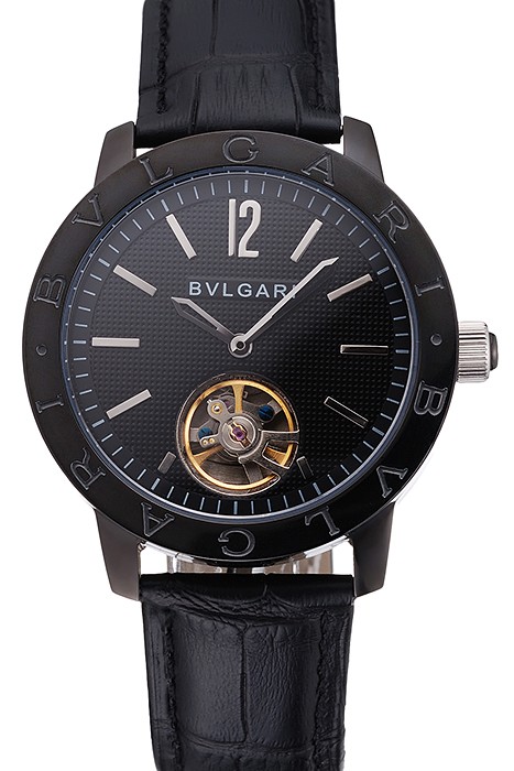 Bvlgari Tourbillon Black Dial Black Case Black Leather Strap