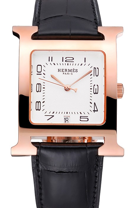 Hermes Heure H White Dial Gold Case Black Leather Strap