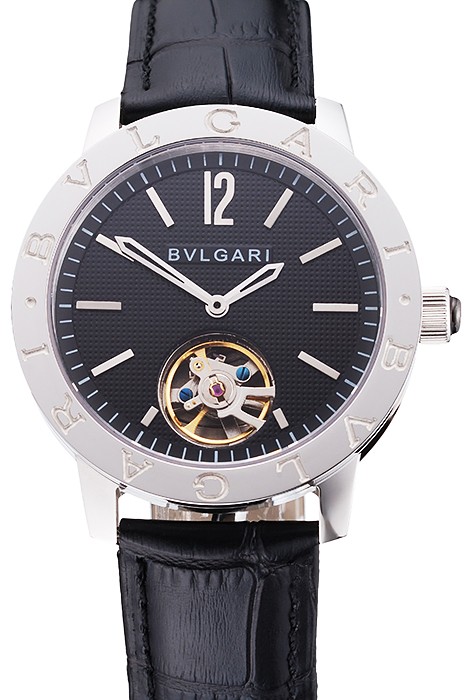 Bvlgari Tourbillon Black Dial Silver Case Black Leather Strap