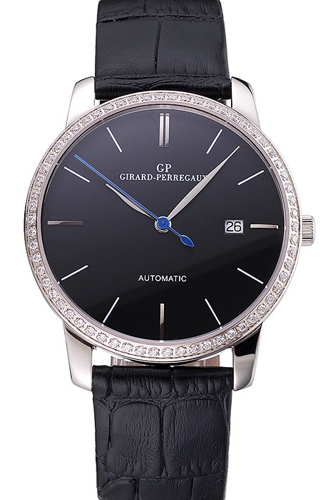 Swiss Girard-Perregaux 1966 Black Dial Silver Diamond Case Black Leather Strap