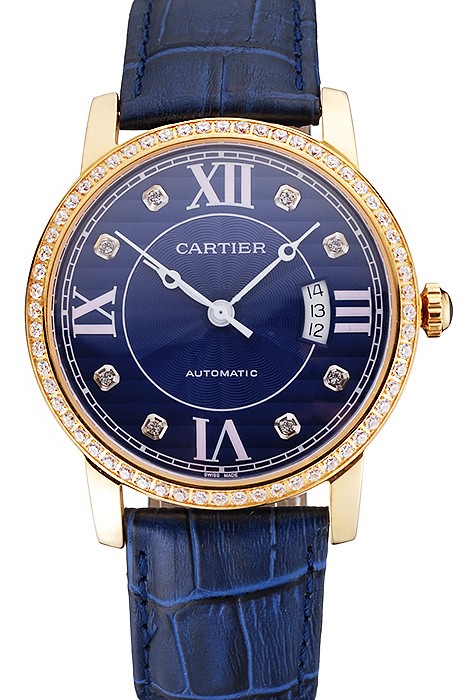 Swiss Cartier Ronde Solo Blue Dial Gold Diamond Case Blue Leather Strap