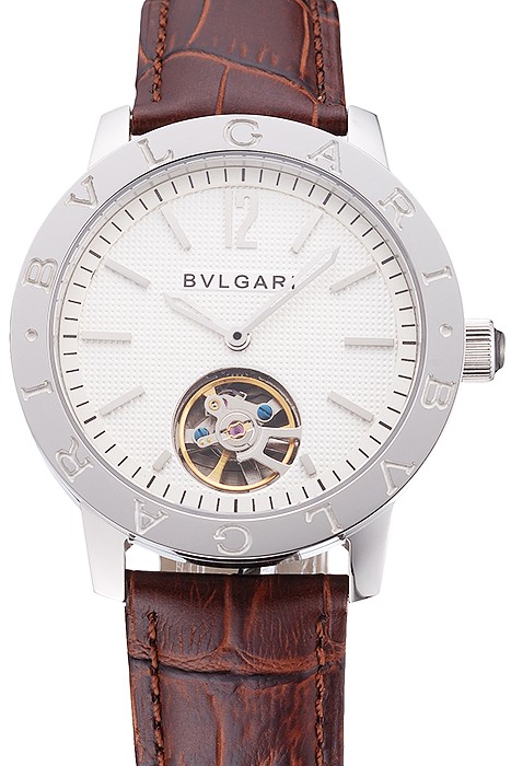 Bvlgari Tourbillon White Dial Silver Case Brown Leather Strap