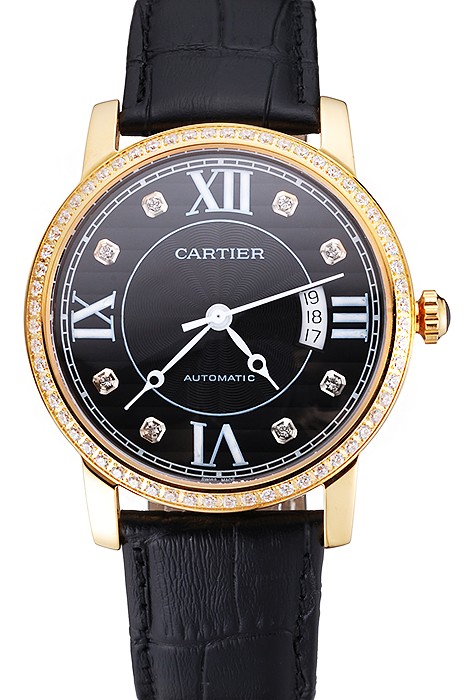 Swiss Cartier Ronde Solo Black Dial Gold Diamond Case Black Leather Strap