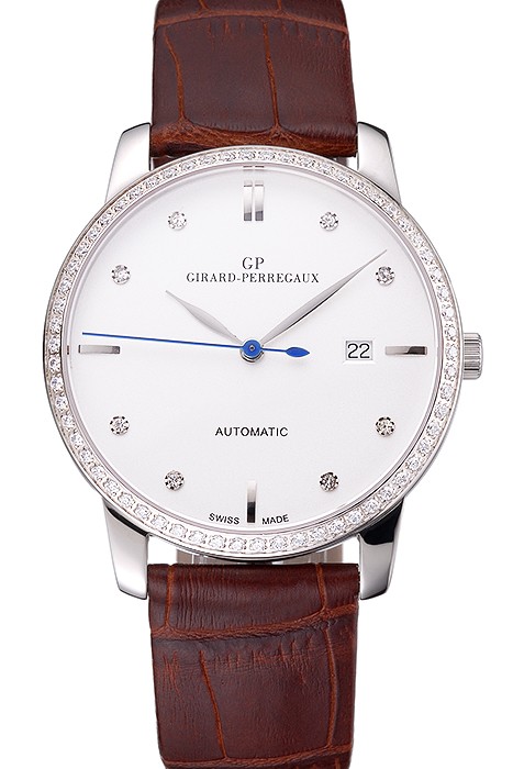 Swiss Girard-Perregaux 1966 White Dial Silver Diamond Case Brown Leather Strap