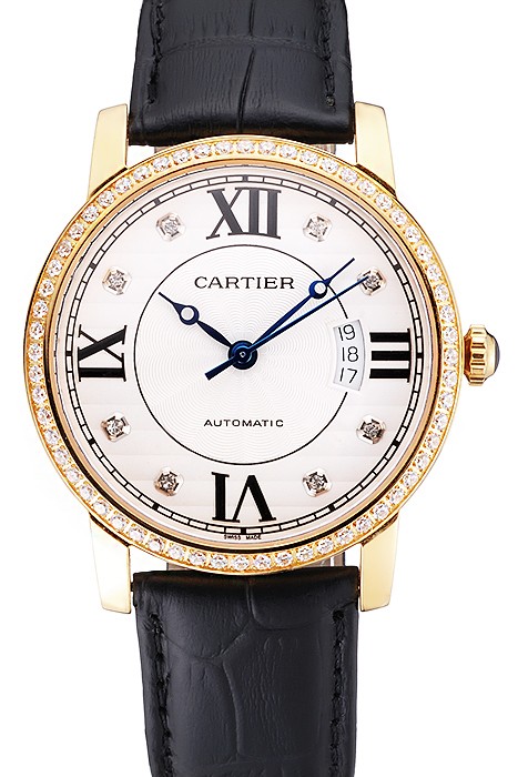 Swiss Cartier Ronde Solo White Dial Gold Diamond Case Black Leather Strap