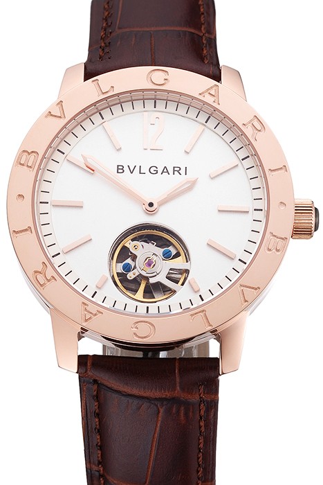Bvlgari Tourbillon White Dial Gold Case Brown Leather Strap