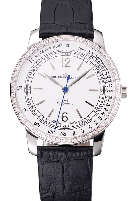 Swiss Girard-Perregaux 1966 Automatic White Dial Silver Diamond Case Black Leather Strap