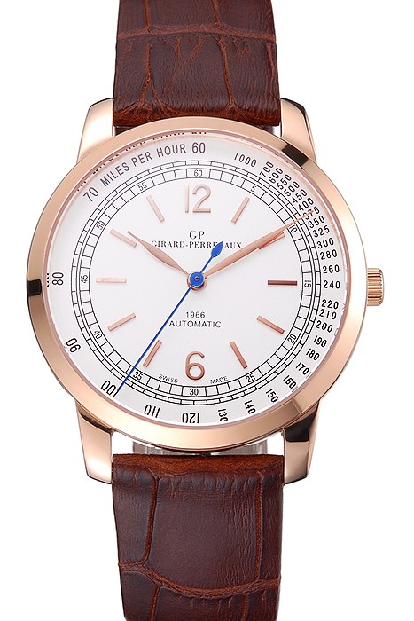Swiss Girard-Perregaux 1966 Automatic White Dial Gold Case Brown Leather Strap
